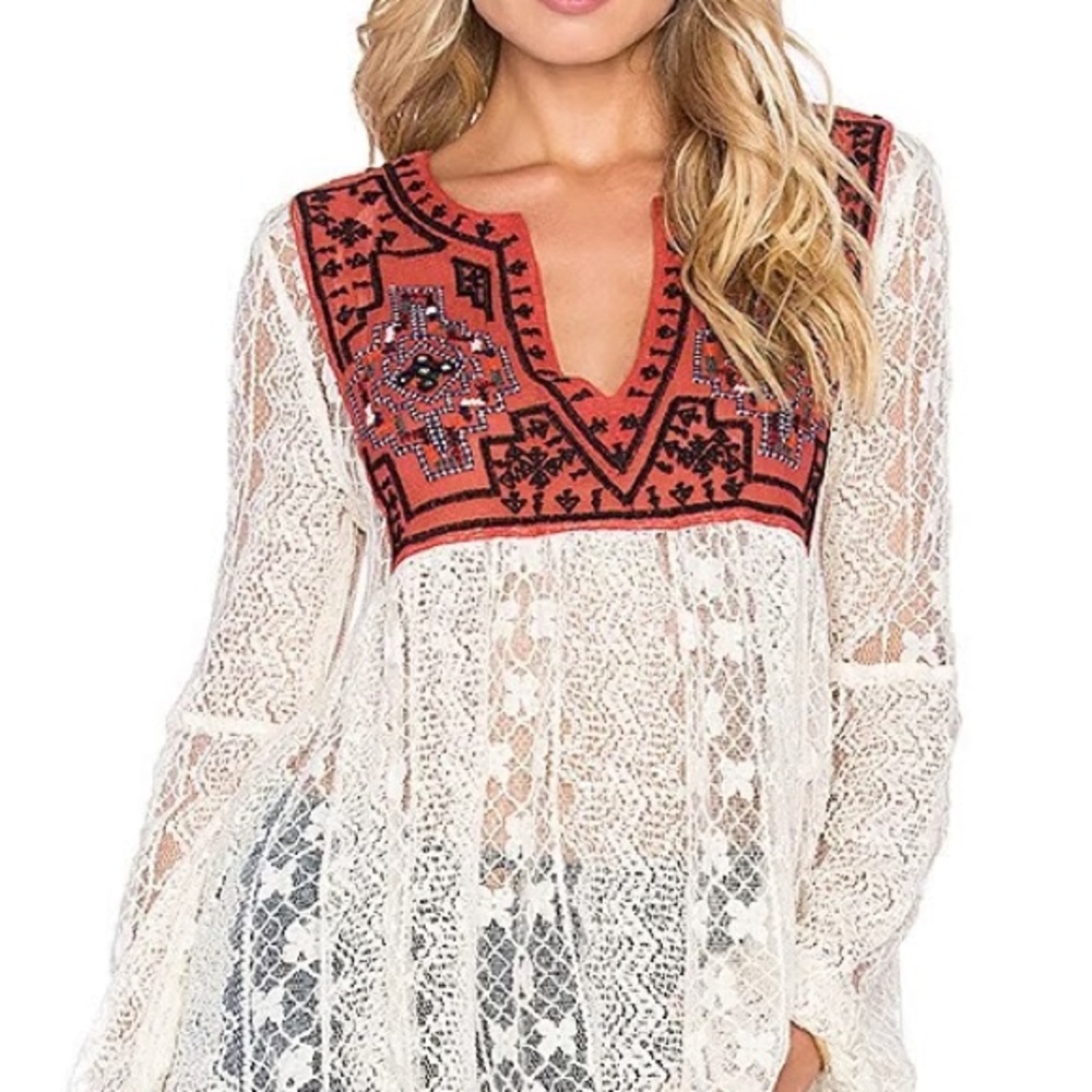 Free People Lace Blouse with Rust Embroidery- Small